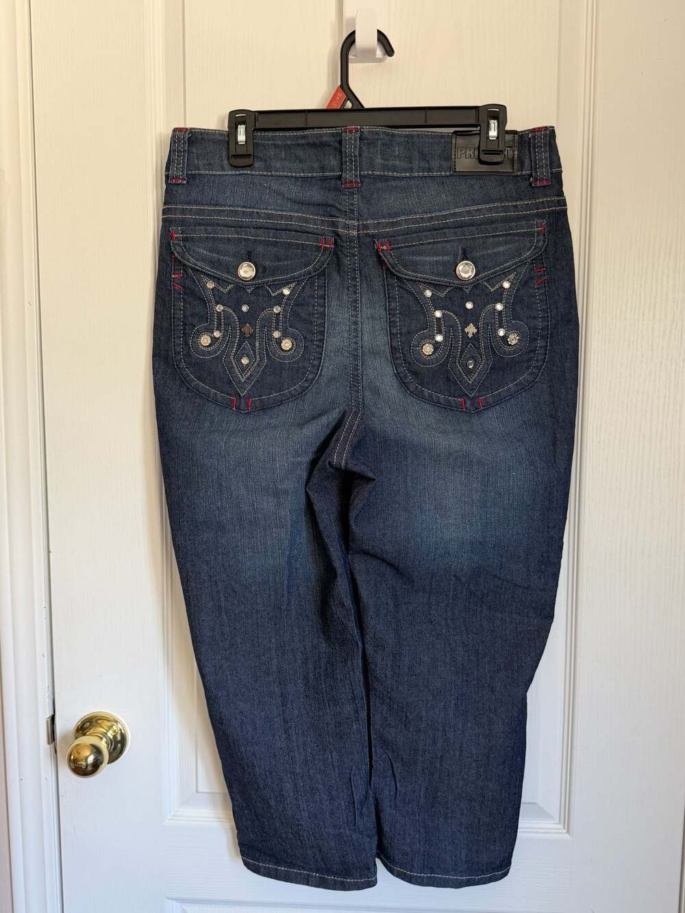 Project Women's Blue Denim Capri Jeans Size 16 Gem Fleur De Lis Accents